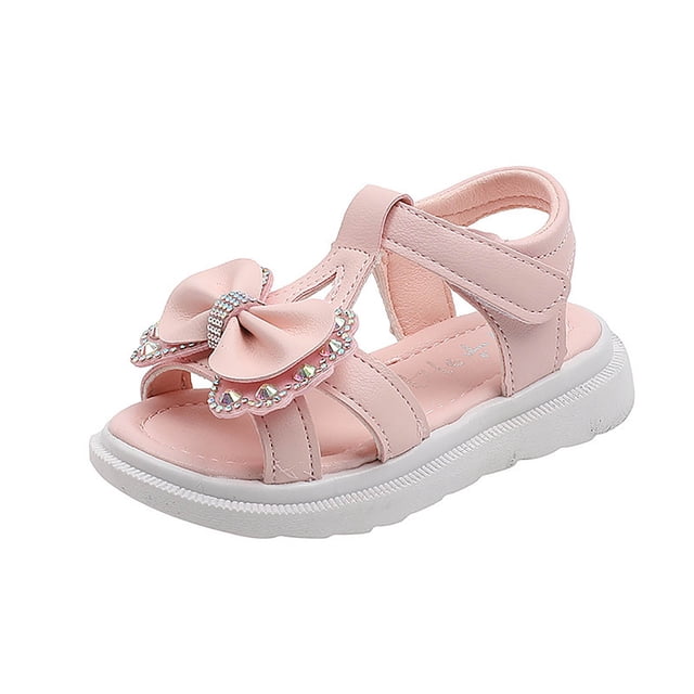 GiLiling Toddler Kids Open Toe Summer Sandals, Cute Bow Rhinestone Decor Princess Shoes, Lightweight Non Slip Ankle Strap Flats (Pink, 5.5-6 Years)
