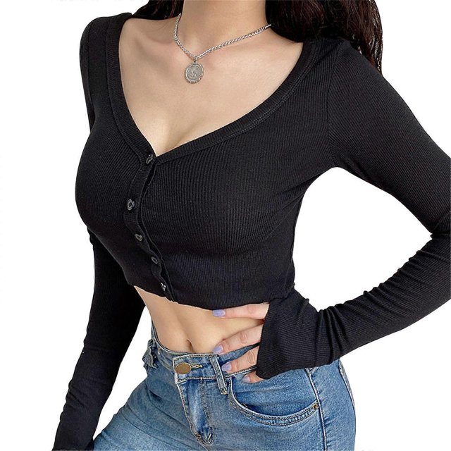Women Knitted Long Sleeve Cropped Cardigan Top Sexy V-Neck Button Down Solid Color Slim Fitted Knitwear Sweater T-Shirt White L