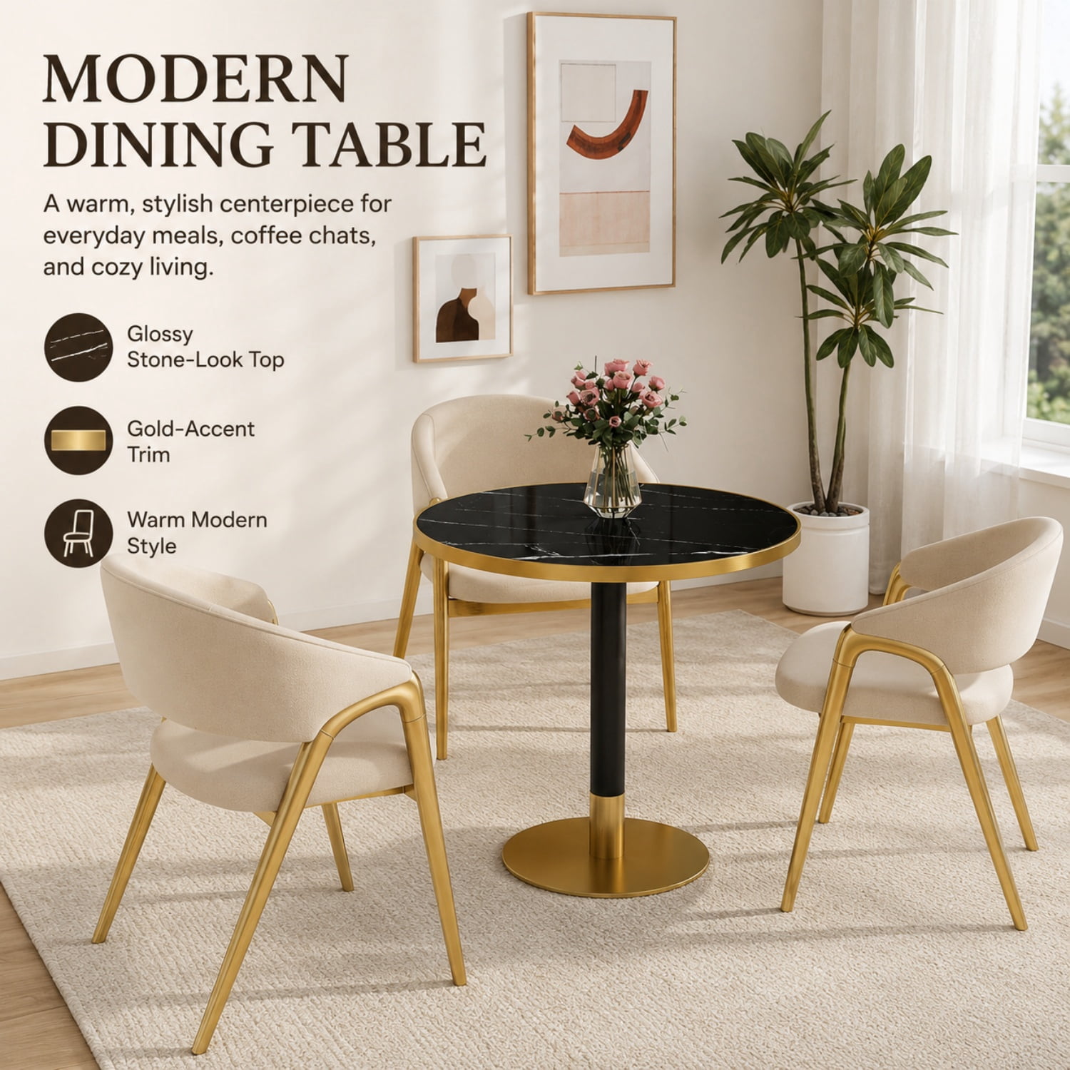 Miniyam 31.5 in. Round Tulip Dining Table for 2-4, Glossy Stone-Look Pedestal Table for Kitchen or Small Spaces, Black