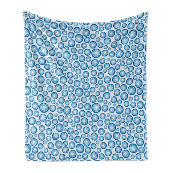 Geometric Soft Flannel Fleece Blanket, Retro Style Concentric Circle Shapes in Blue Monochrome on Plain Background, Cozy Plush for Indoor and Outdoor Use, 50" x 70", Blue and White, by Ambesonne