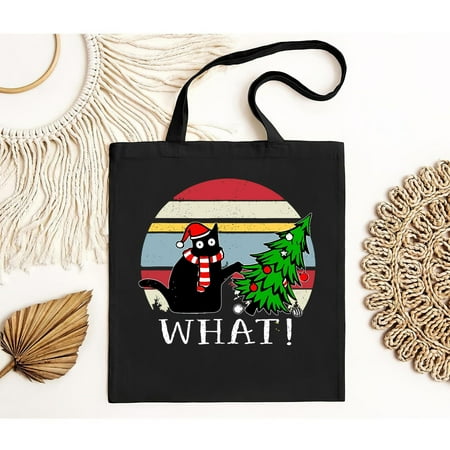 vintage Funny Black Cat Gift Pushing Christmas Tree Over Cat What Tote Bag T-Bag  Up To s -TH22437