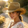 thumbnail image 2 of OOOUM Breathable Cowboy Hat For Men Women Western Style Beaded Band Straw Sun Hat Festival Outdoor Vacation Cowgirl Hat Khaki, 2 of 5