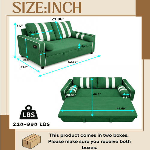 68.5 Inch Green 2-Seater Pull Out Sleeper Sofa Bed with USB Charging Port, 3-Position Adjustable Backrest Convertible Loveseat for Living Room, Guest Room, Apartment