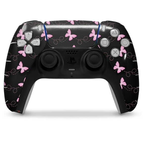WraptorSkinz Skin Wrap compatible with the Sony PS5 DualSense Controller Pastel Butterflies Pink on Black (CONTROLLER NOT INCLUDED)