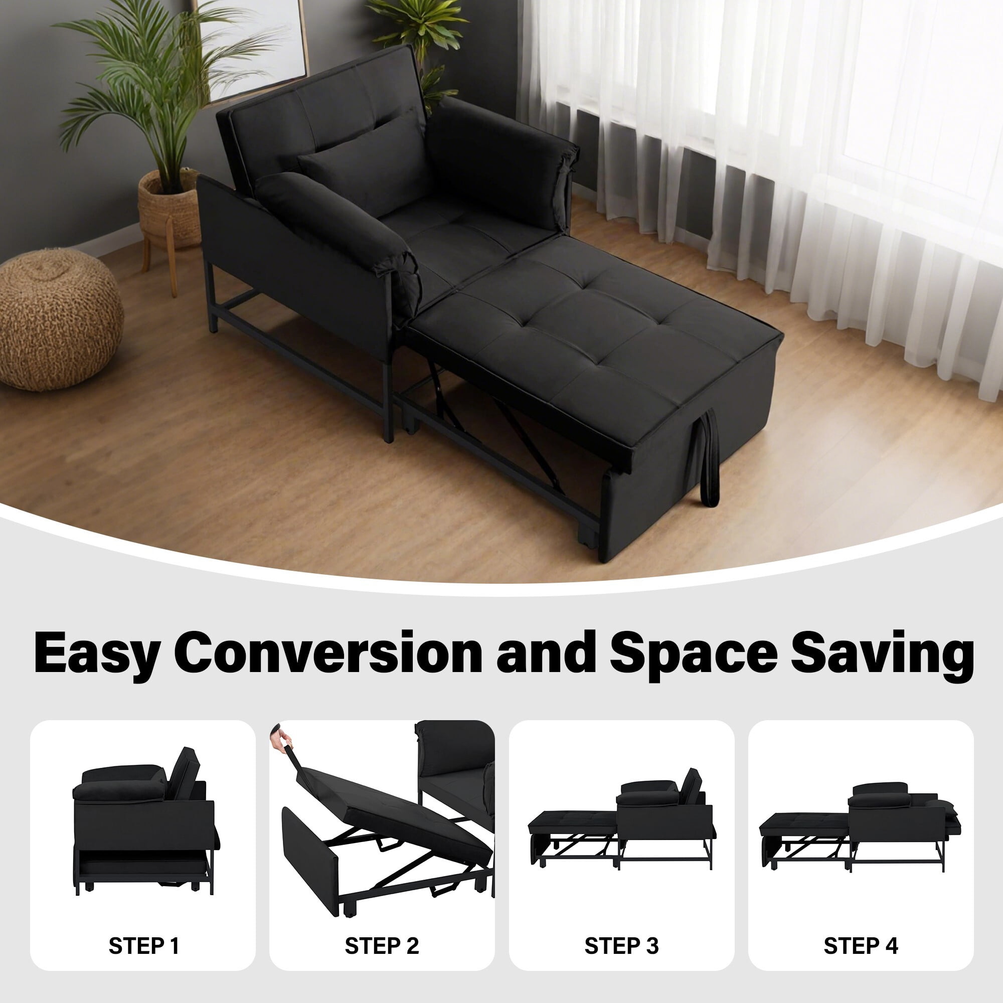 AENKYO 3-in-1 Convertible Sleeper Chair Bed with Adjustable Backrest, Velvet Chaise Lounge Sofa for Small Spaces, Black