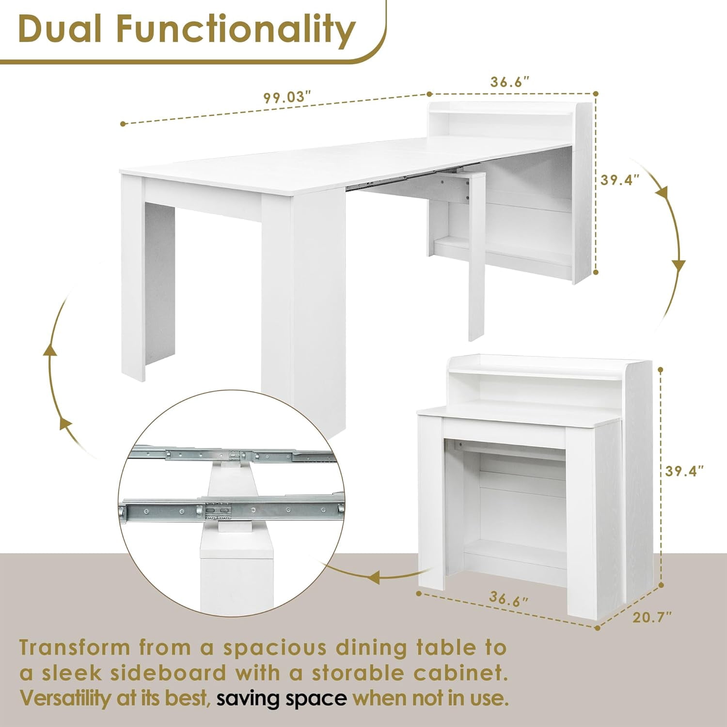 20"-99" White Extendable Dining Table with Storage for 2-10 People, Modern Modular Extension Table, Space-Saving Extra Long Folding Dining Table, Multifunctional Conference Meeting Table