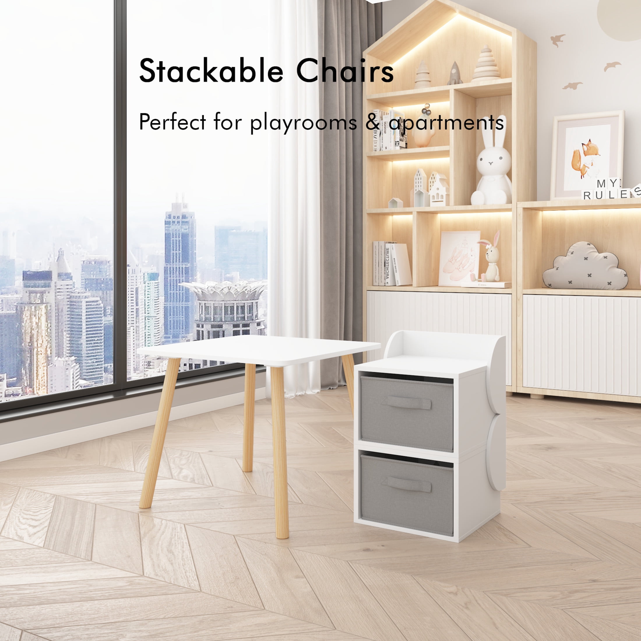 Noble House Lornic Scandi Kids Play Table and Chair Set, 3-Piece Toddler Activity Set with Storage Drawers, White & Natural