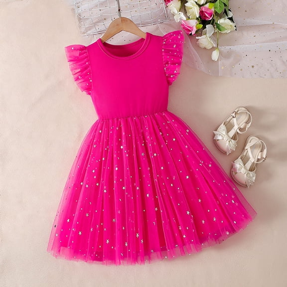 ATORRE Little Girls Princess DressesKids Ruffle Sleeveless Sparkly Star Print Tulle Gown Fashion Birthday Party Formal Dress 2026 Hot Pink 7-8 Years