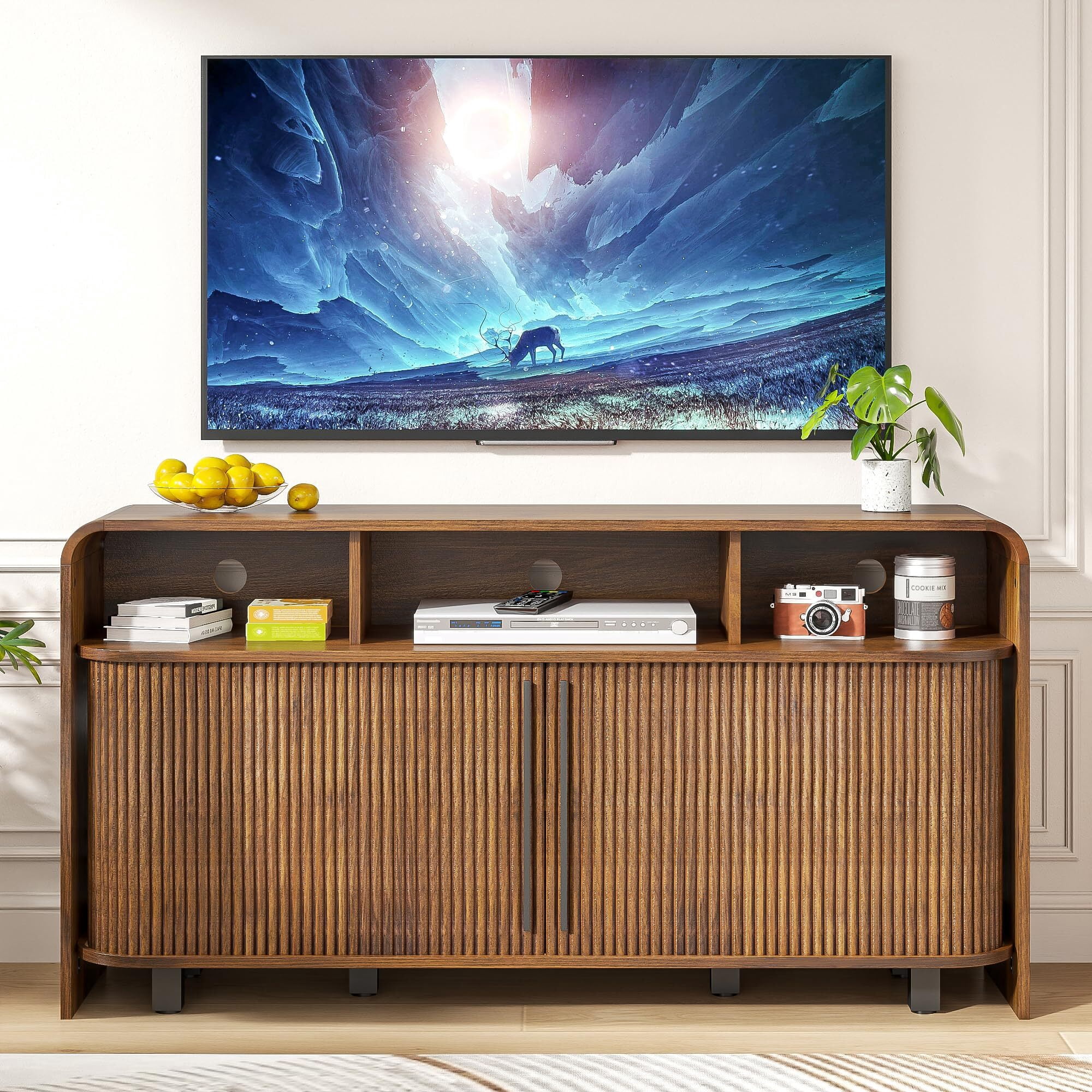 Fluted TV Stand for 55-65" TV, Small Mid Century Modern Media Console, Walnut Entertainment Center with Sliding Doors