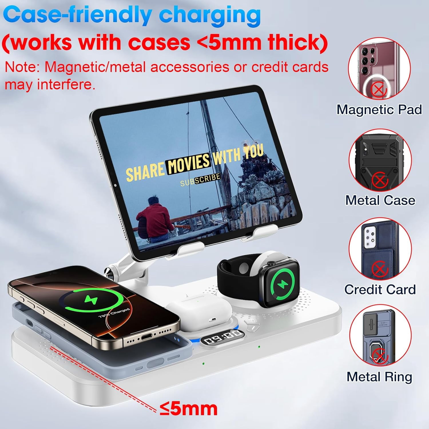 6 in 1 Wireless Charger for Apple Device, 30W Foldable Charging Station for ipad with Clock & 7 Color Ambient Light, Nightstand Wireless Charger for iPhone 16/15/14/iWatch Series/AirPods 4/3(Black)