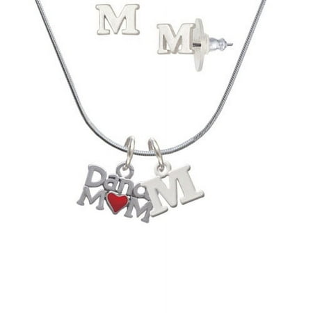 Dance Mom with Red Heart – M Initial Charm Necklace and Stud Earrings Jewelry Set