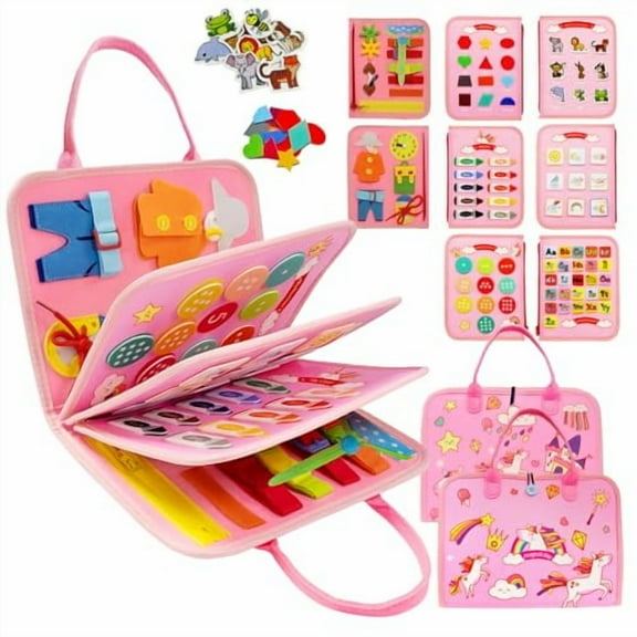 Busy Board Montessori Toys for 1 2 3 4 Year Old,Busy Book Sensory Toy for Toddlers Learning Fine Motor Skills,Educational Activities Airplane Car Travel Toy for Baby Boys Girls,Pink