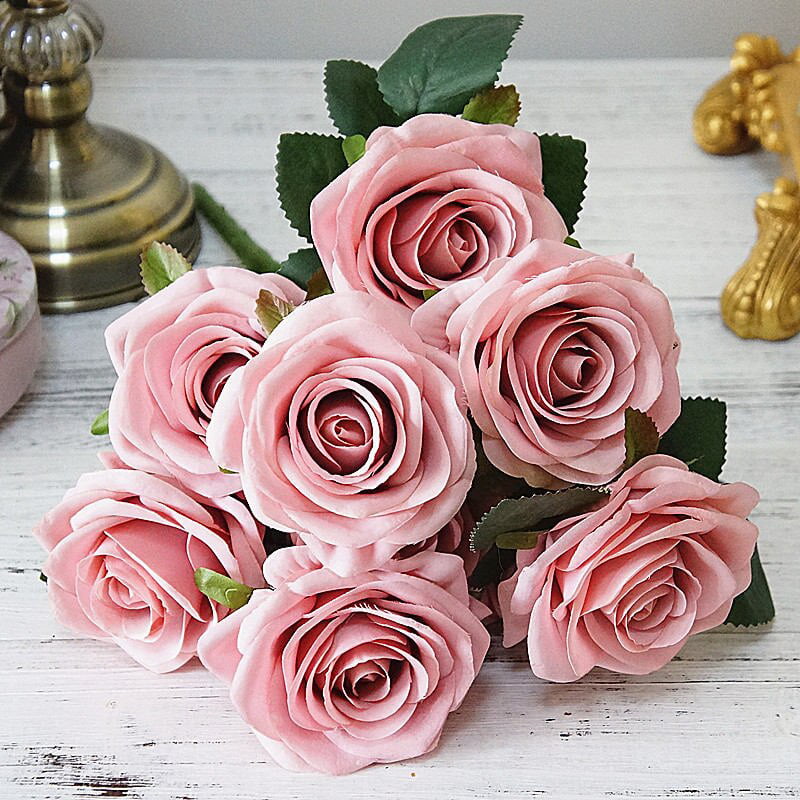 Silk Artificial Rose Flower 12 Heads Garland Wedding Xmas Decor 10'' Pink 