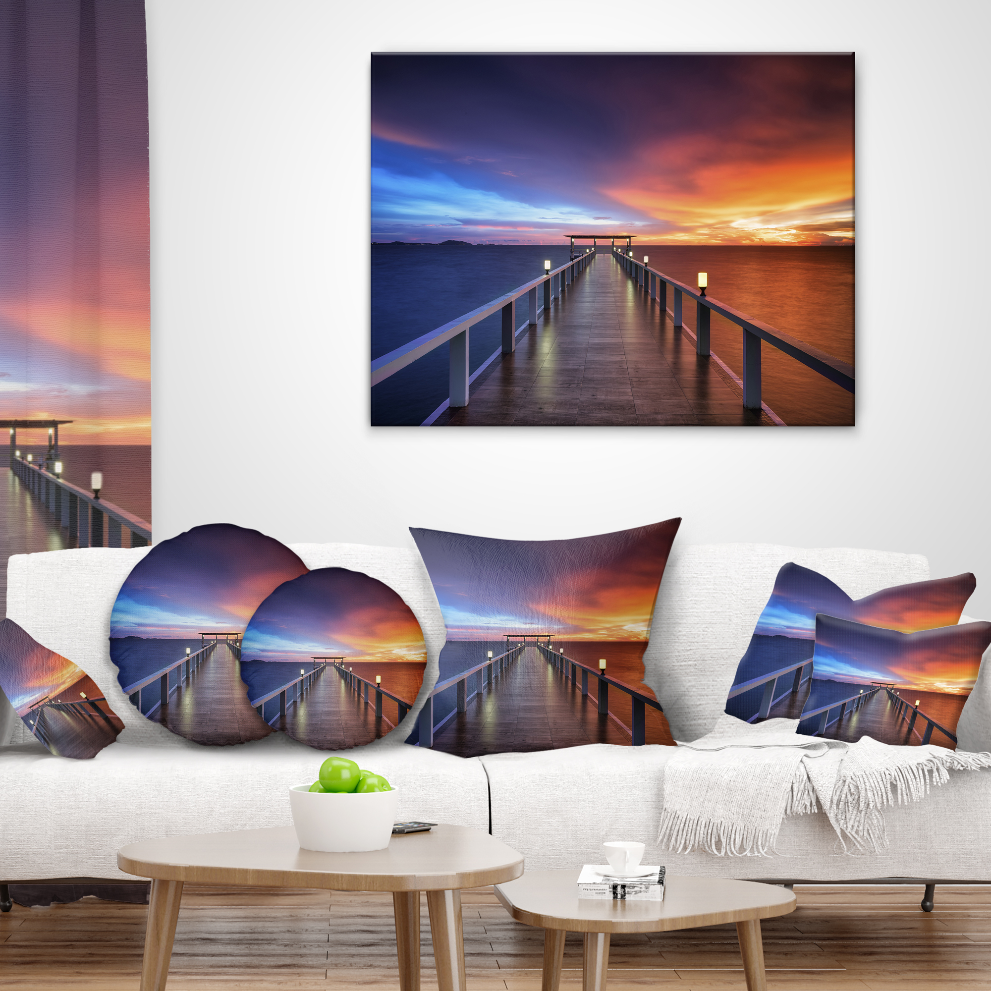 Designart Picturesque Seashore with Long Pier - Pier Seascape Throw Pillow - 18x18