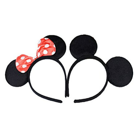 Set of 2 Mickey Minnie Mouse Ears Headband Boys and Girls Birthday Party Mom Hairs Accessories Baby Shower Headwear Halloween Party Decorations Costume Deluxe Fabric Ears with Dots Bow (Red