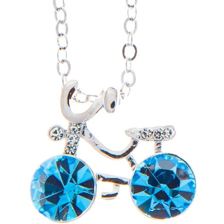Rhodium Plated Necklace with Bicycle Design with a 16 Extendable Chain and High Quality Ocean Blue Crystals by Matashi