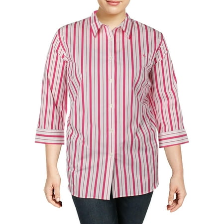 Lauren Ralph Womens Plus Striped Long Sleeve Button-Down Top Pink 1X