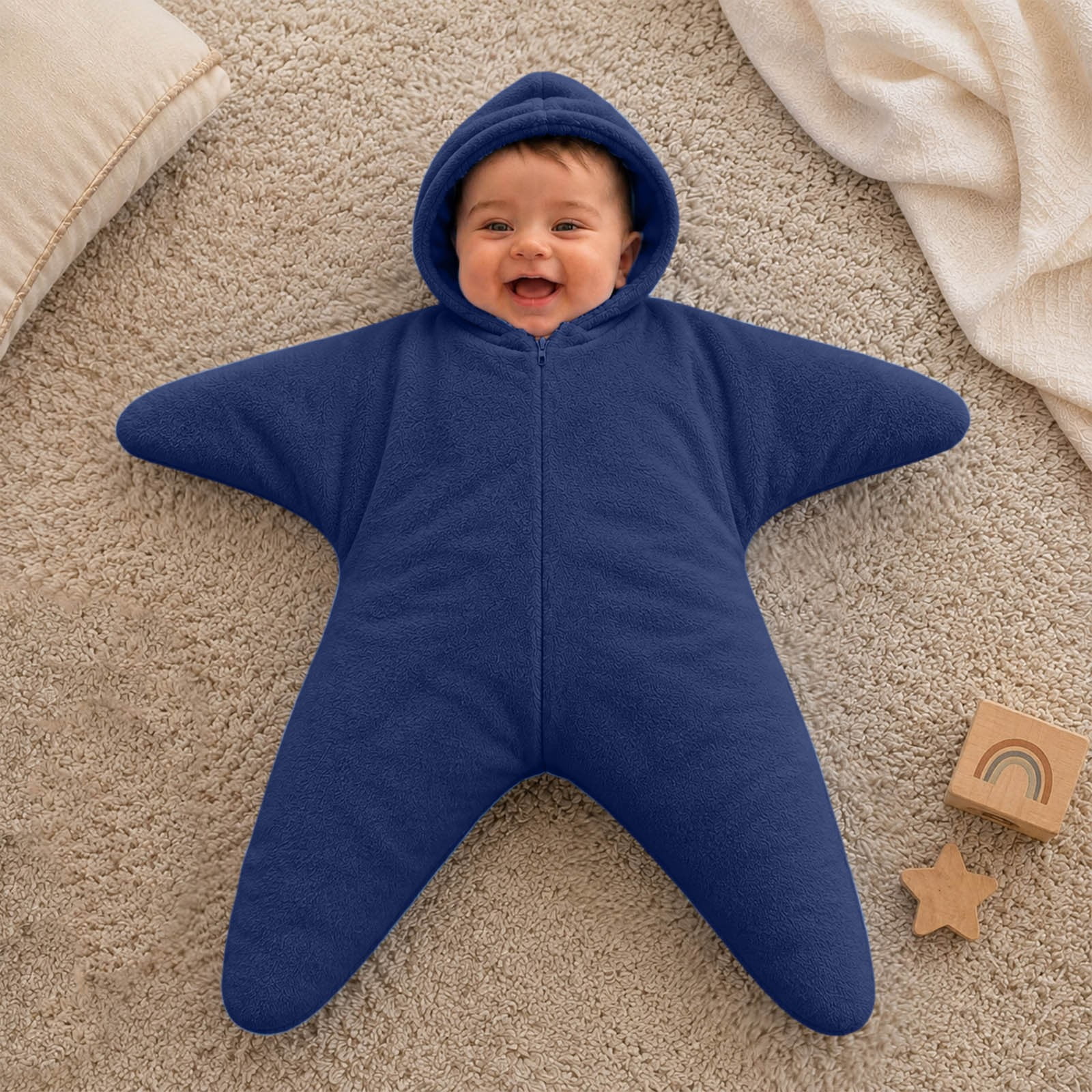 Baby Star Suit, Solid Color Star Shape Flannel Romper for Baby 0-3 Months, Soft Warm Zip Jumpsuit, Cozy Sleepwear Playwear (Navy, 70cm(0-3months))