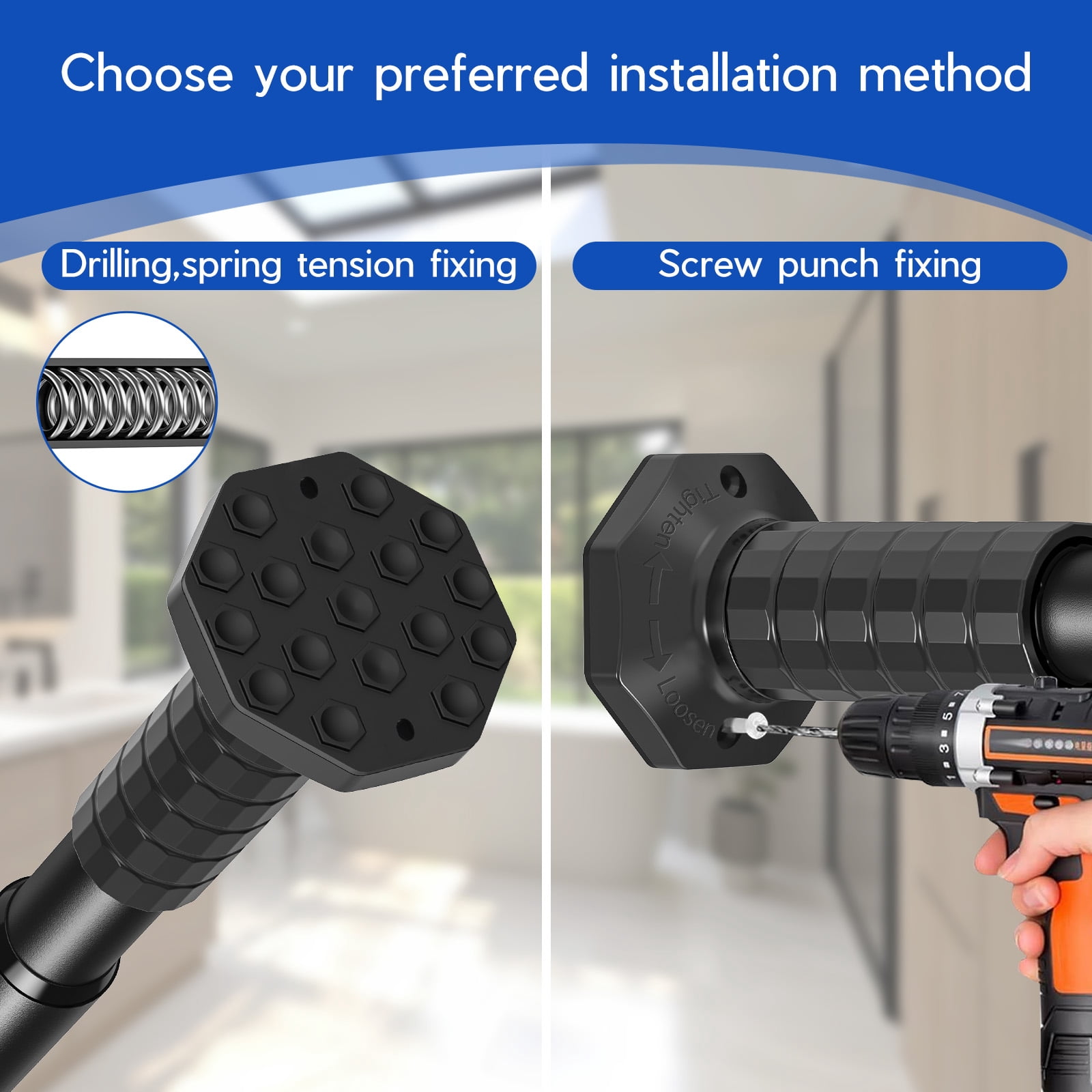 GIRACOA 2-in-1 Adjustable Curtain Rod, No Drill Tension & Screw Mount, Octagon Anti-Slip Base, Holds 40 lbs, Rust-Resistant for Bathroom Bedroom Living Room Patio (51-109 Inch, Black)