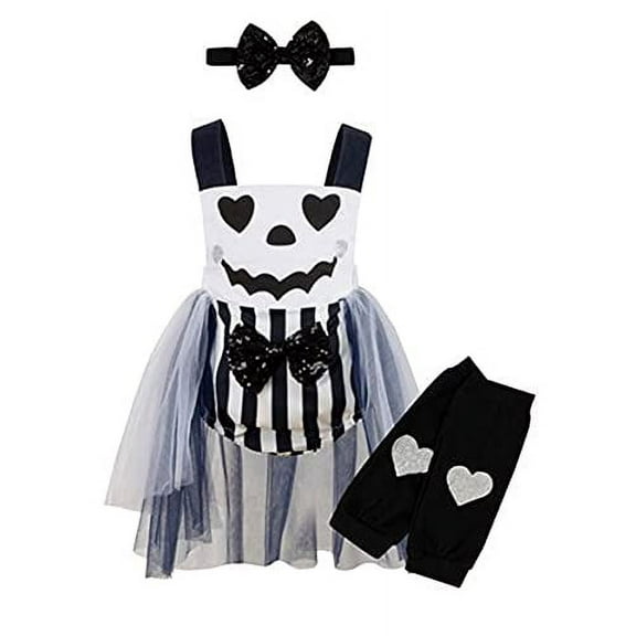 StylesILove Infant Baby Girls Striped Pumpkin Jack Face Sleeveless Black Tulle Romper and Leg Warmers, Headband 3pcs Halloween Outfit (24 Months)