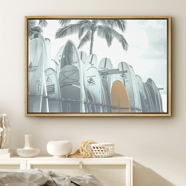 PixonSign Framed Canvas Print Wall Art Yellow Surfboard on Wire Nature Ocean Photography Realism Bohemian Scenic Urban Blue Cool for Living Room, Bedroom, Office 16"x24" Natural - Walmart.com