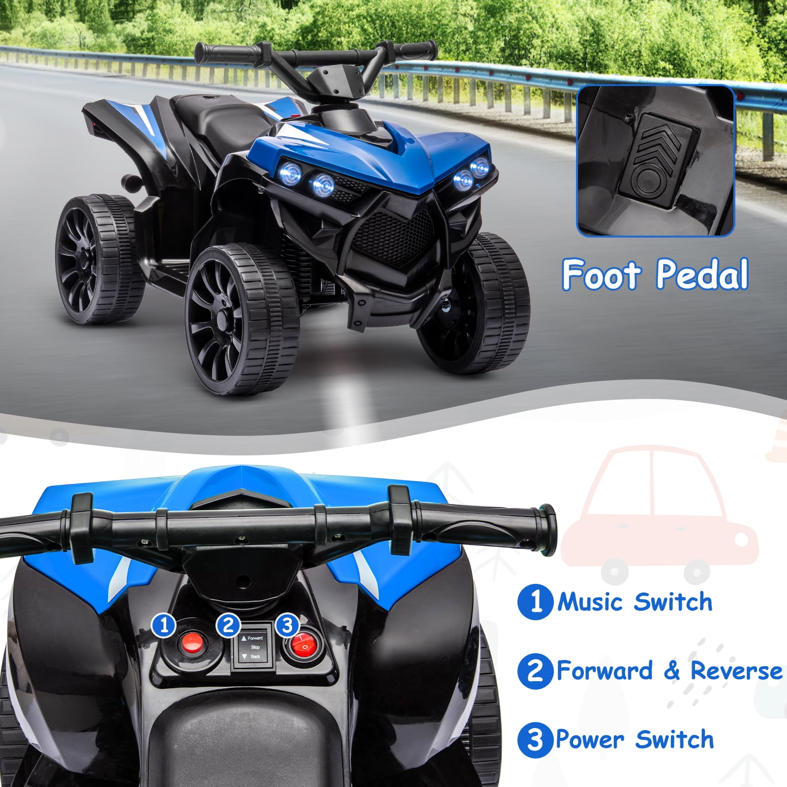 Goldensoil 6V Kids ATV 4-Wheeler, 1.8MPH Max Speed, Ride-On Toy with Music, Up to 55 Pounds, Blue