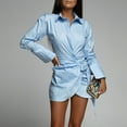 thumbnail image 5 of Womens Long Sleeve V Neck Mini Shirts Dress Solid Color Collared Lace Up Short Bodycon Shirt Dress Ruched Dress, 5 of 6