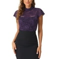 thumbnail image 1 of INSPIRAR CHIC Blusa de manga corta con cuello alto y espalda con abertura para mujeres en color morado, semi transparente, para el Día de San Valentín, 1 of 6