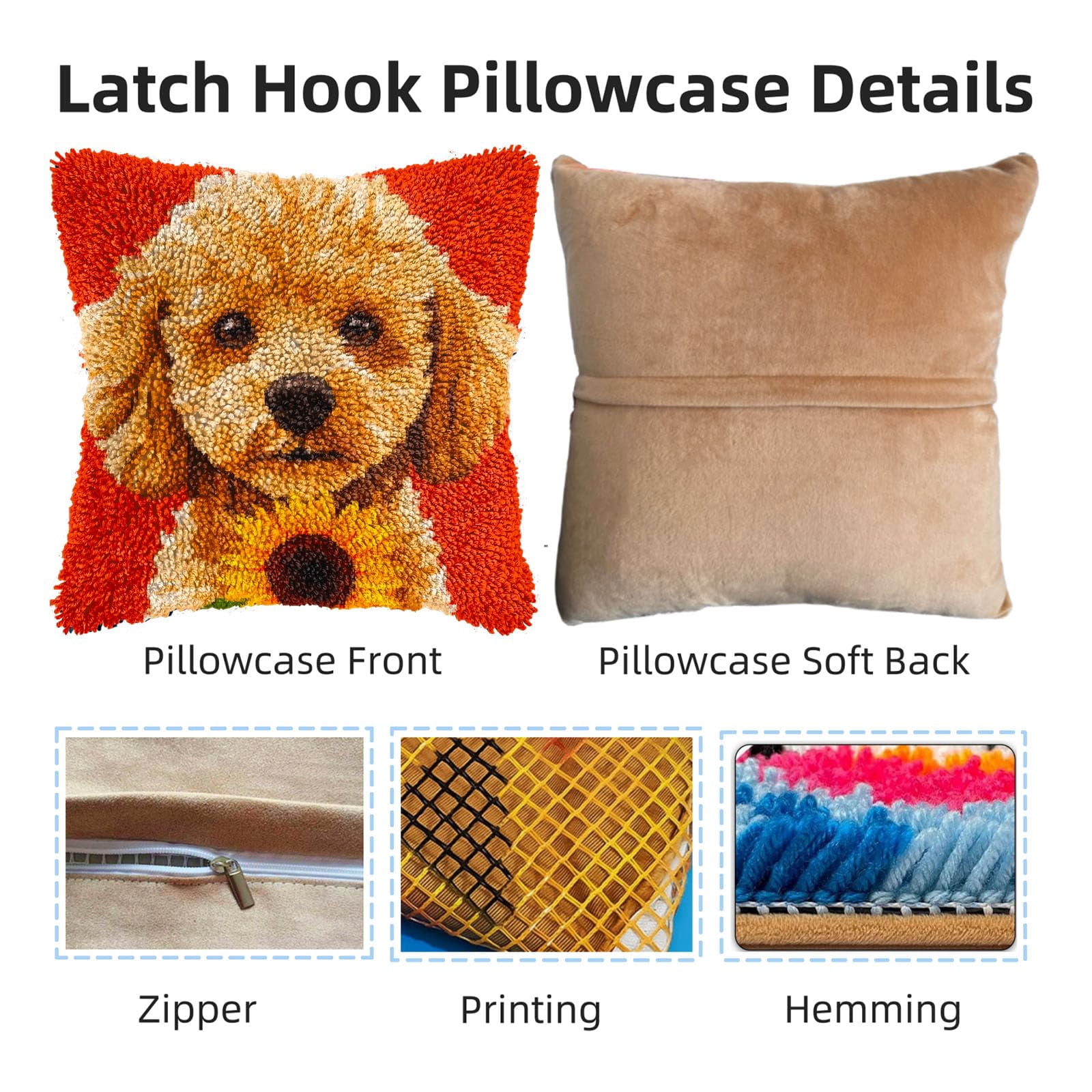DIY Latch Hook Pillow Kits for Adults Poodle Dog with Sunflower Printed Pillowcase Crochet Yarns Hooking Handmade Pillow Cover Cushion for Home Sofa Decor 17x17inch-2
