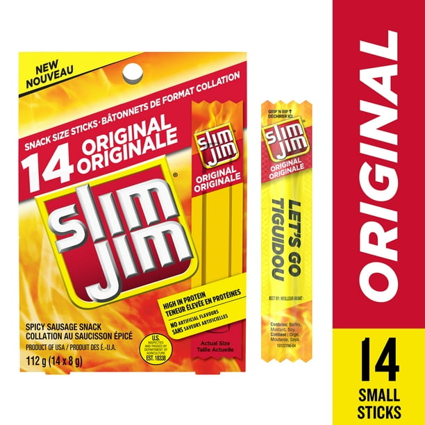 Slim Jim Original, Spicy Sausage Snack Size Meat Stick, High in Protein, No  Artificial Flavours, Mini Meat Sticks Multipack (14 x 8g), 112g