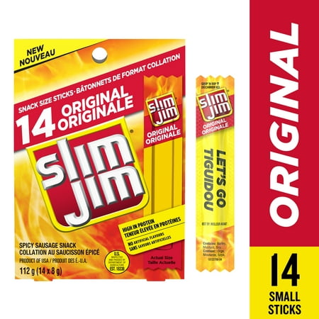 Slim Jim Original, Spicy Sausage Snack Size Meat Stick, High in Protein, No  Artificial Flavours, Mini Meat Sticks Multipack (14 x 8g), 112g 