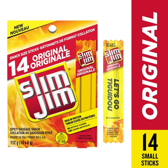 Slim Jim Original, Spicy Sausage Snack Size Meat Stick, High in Protein, No Artificial Flavours, Mini Meat Sticks Multipack (14 x 8g), 112g