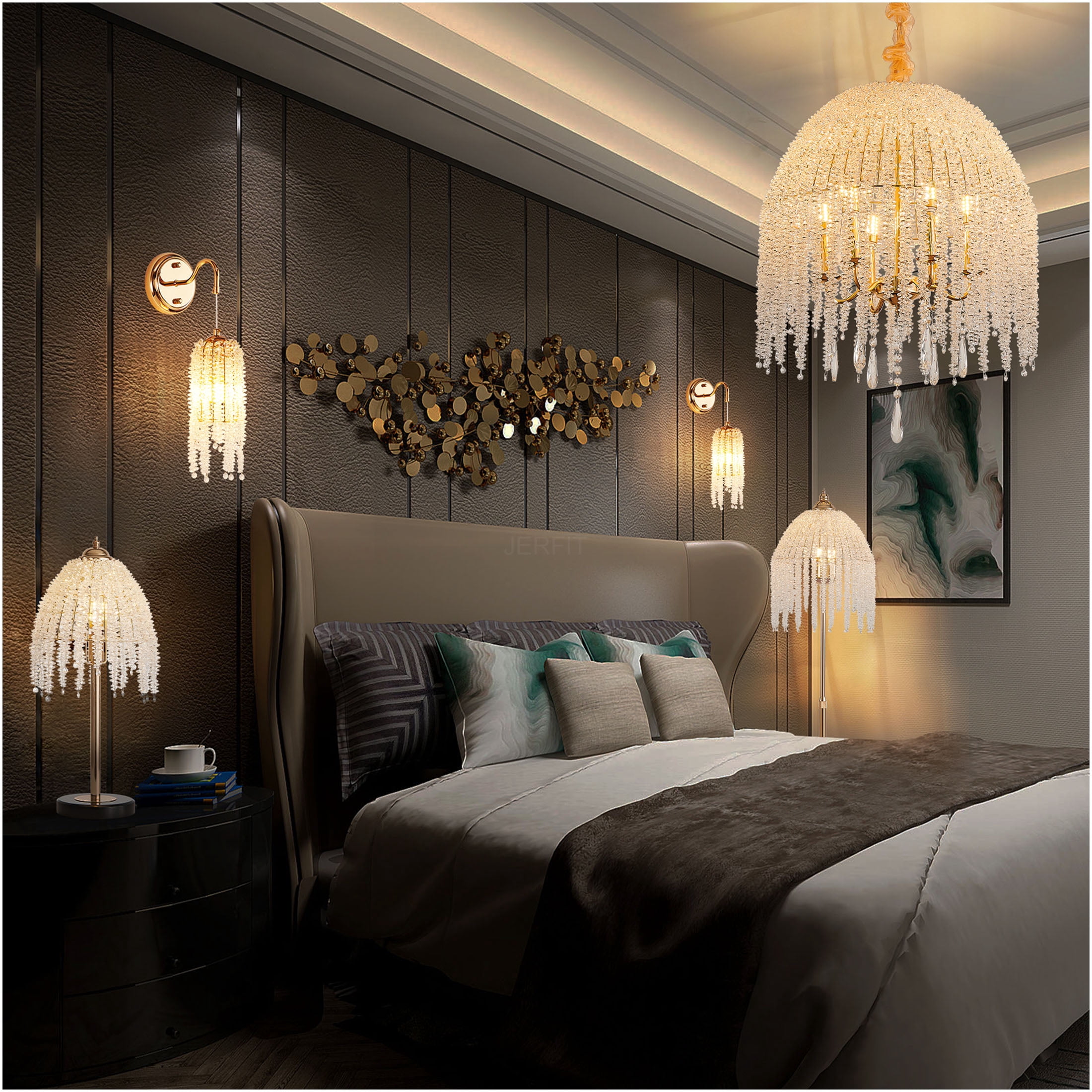 JERFIT 3-Light Crystal Floor Lamp with Waterfall Beads, Vintage Gold Iron Floor Light for Living Room, Bedroom, Office Decor, Plug-in with Foot Switch, No Bulbs Included