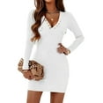 thumbnail image 2 of Womens Cute Henley Long Sleeve Knit Stretchable Slim Sweater Bodycon Mini Sweater Dress with Pockets White S, 2 of 7