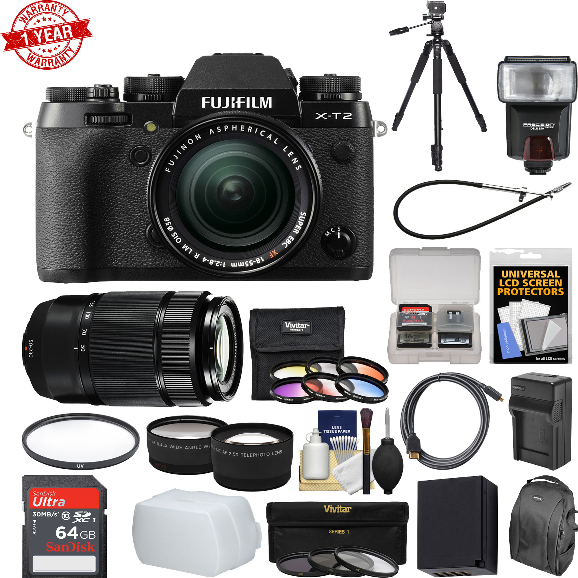 Fujifilm X-T2 4K Wi-Fi Digital Camera & 18-55mm XF Lens w/ 50-230mm II Lens|64GB Card|Case|Flash|Battery&Charger|Tripod|Kit - image 1 of 1