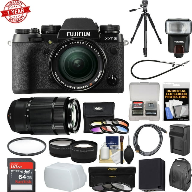 Fujifilm X-T2 4K Wi-Fi Digital Camera & 18-55mm XF Lens w/ 50-230mm II Lens|64GB Card|Case|Flash|Battery&Charger|Tripod|Kit