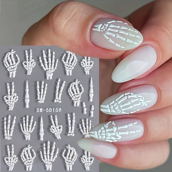 Halloween 5D Embossed Skull Hand Nail Art Stickers - Self-Adhesive, Sparkle Finish, Diy Manicure Decals For Festive Nail Designs Nail Stickers For Nail Art Nail Decorations