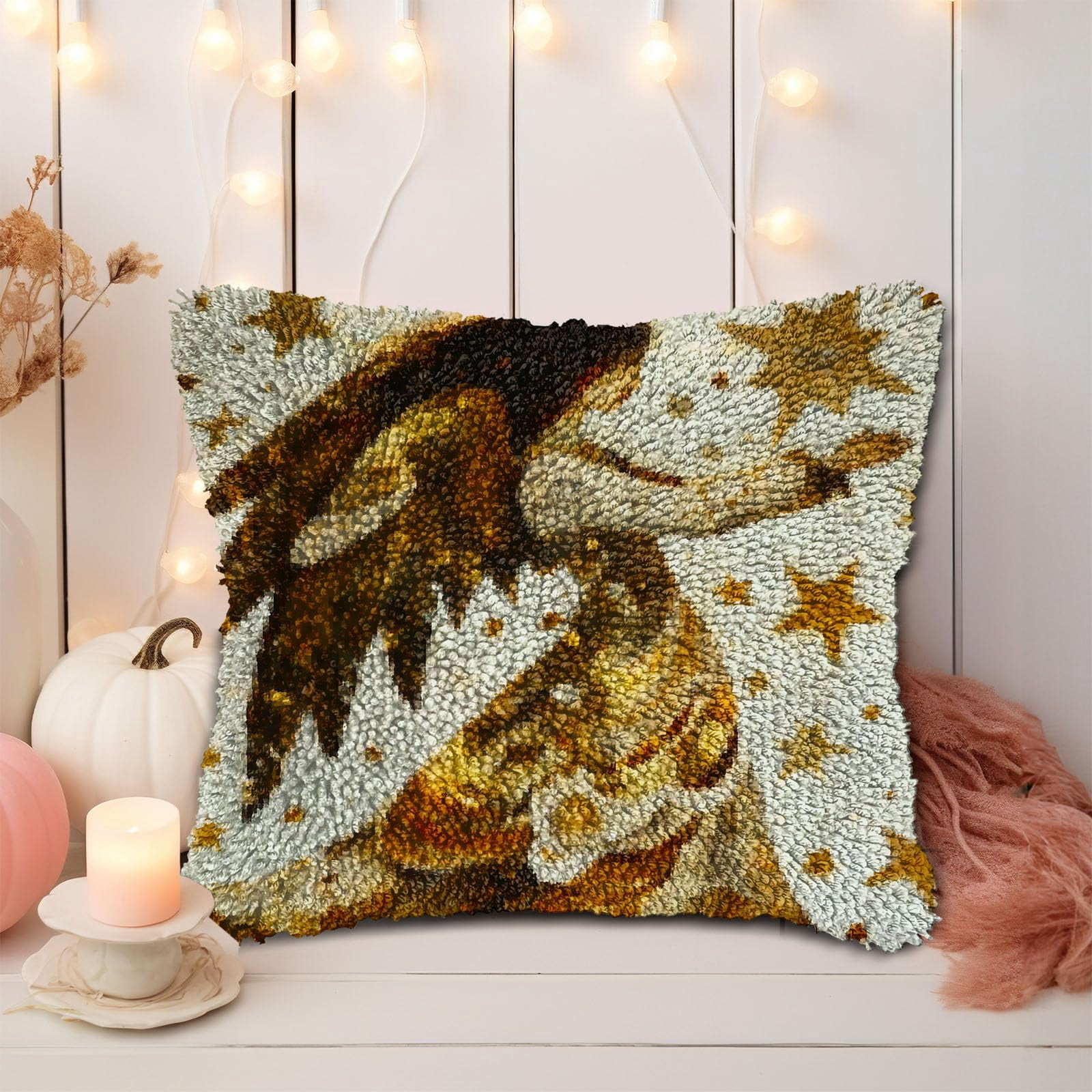 Abstract Angel Stars Shining Wing DIY Latch Hook Pillow Kits for Adults Printed Pillowcase Crochet Yarns Hooking Handmade Pillow Cover Cushion for Home Sofa Decoration 17x17inch(2)