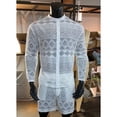thumbnail image 5 of ZVNAΖH Men's Lace 2-Piece Set Geometric Crochet Long Sleeve Mandarin Collar Shirt & Shorts Summer Beach Vacation Outfit, 5 of 9