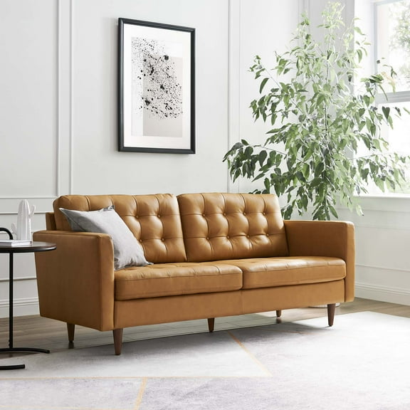 Modway Exalt Living Room Solid Leather Tufted Sofa, Tan