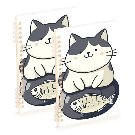 FORMRS 1-Subject Spiral Notebook 8" x 5" College Ruled 60 Refillable Sheet, 2 Pack, Black Cute Cat