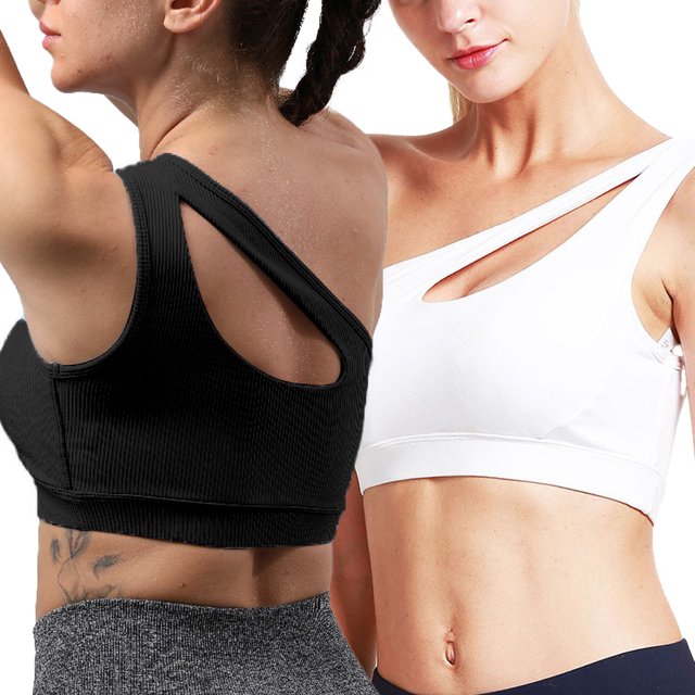Ropa interior deportiva de dos piezas de un solo hombro para mujer, ropa interior de yoga para ejercicio, top corto sexy de soporte medio