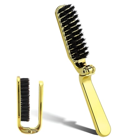 ACDANC Foldable Boar Bristle Hair Brush Portable Mini Travel Hairbrush with Gold Finish Anti-Static Pocket Comb for Women Collapsible Styling Tool