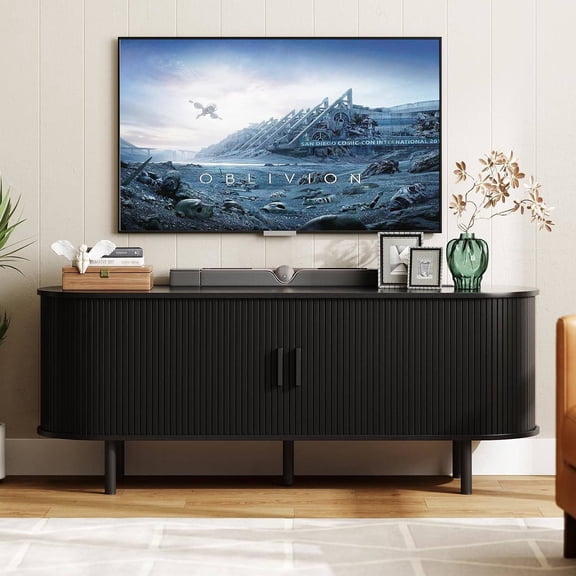 55" TV Stand with Power Outlets and Sliding Doors for TVs up to 60", Modern Media Console with Adjustable Shelves and Storage, Black
