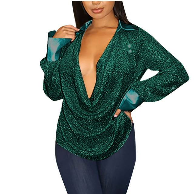 FAIWAD Hauts Tuniques à Sequins pour Femmes Manches Longues Col en V Profond Hauts à Sequins pour Cocktail