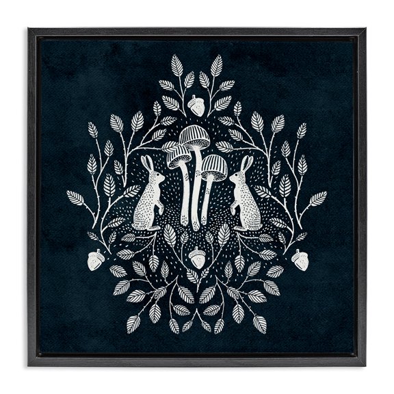 Stupell Industries Scandinavian Rabbits & Leaves on Blue Black Floating Frame Canvas Art, 18 x 18, by Katie O'Shea