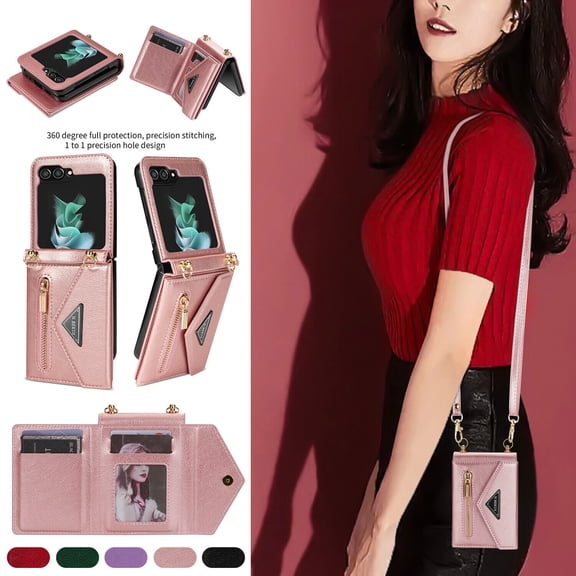 For Samsung Galaxy Z Flip 5 5G Shockproof PU Leather Card Wallet Case Crossbody Strap Case Cover
