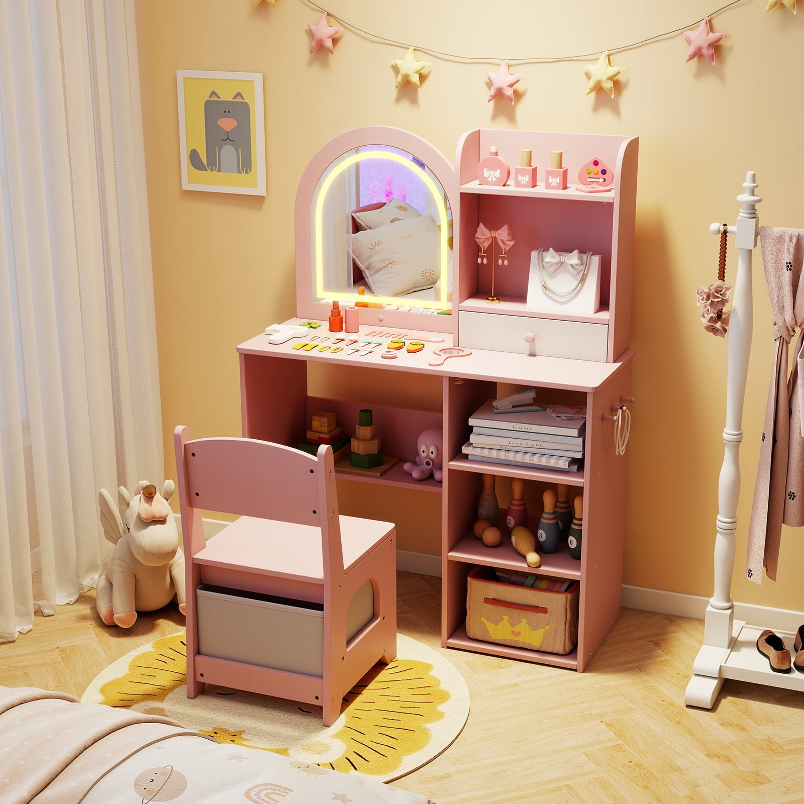 Gymax Kids Vanity Set Princess Girls Makeup Vanity Desk w/ 3-Color LED Lighted Mirror Pink