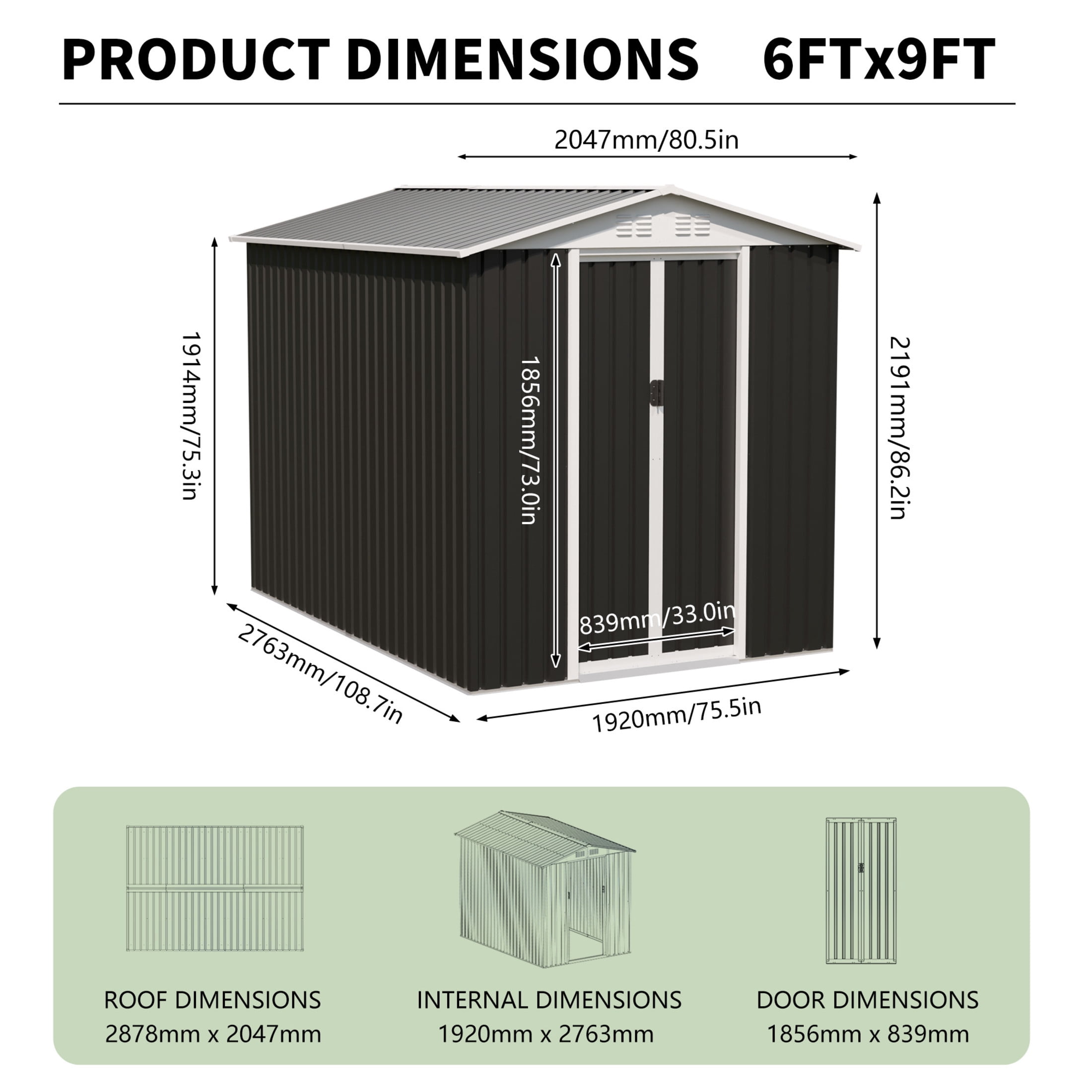 Noble House 6x9 FT Metal Garden Storage Shed, Apex Roof Outdoor Tool & Bike Shelter with Sliding Doors, Dark Grey