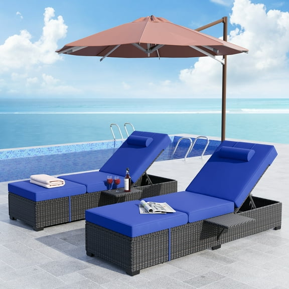 Patio Chaise Lounges 2 pcs, Outdoor Lounge Chairs Sets, Wicker Rattan Outside Patio Furniture Set with 6 Position Adjustable Backrest Lounger and Foldable Plate
